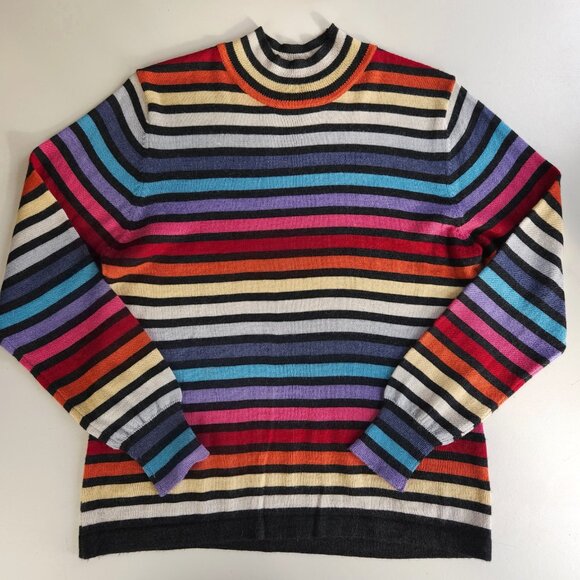 Vintage wool multicolor stripe mock neck fine knit sweater top long sleeve women - Picture 4 of 10